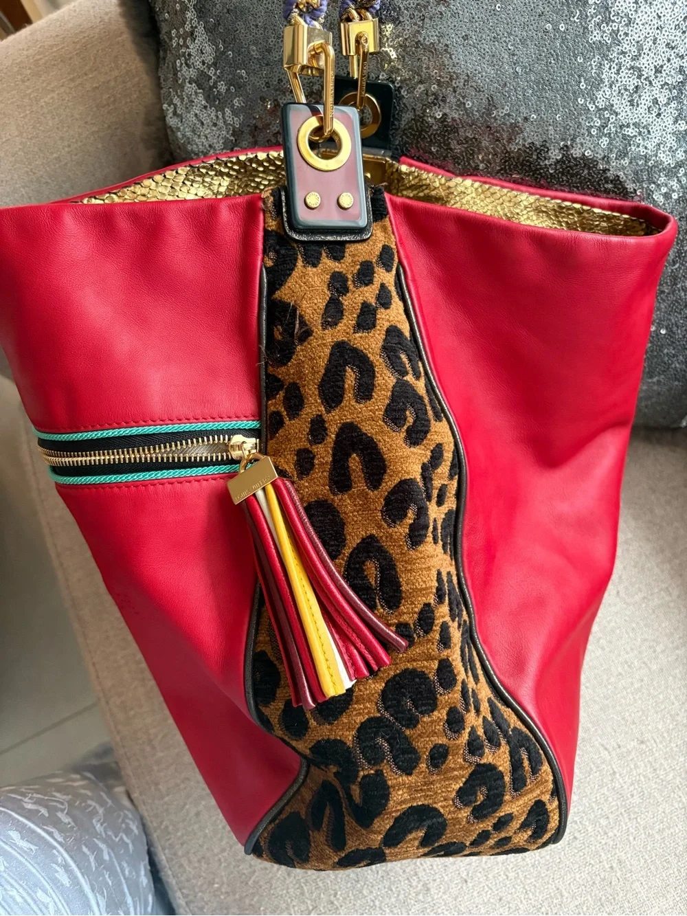 Louis Vuitton Red Leather Hobo with Leopard-Print Sides